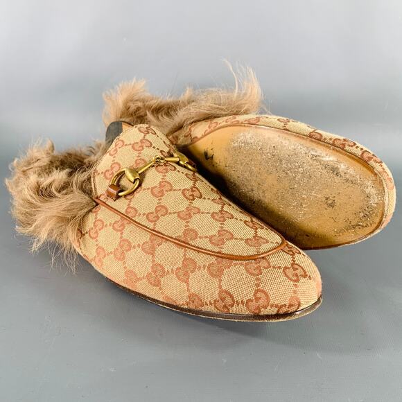 GUCCI Size 11.5 Guccissima Beige Rust Monogram Canvas Slip-On Loafers - Picture 5 of 8